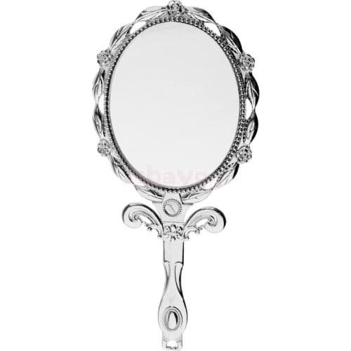 Mini Folding Retro Antique Oval Makeup Cosmetic Handle Mirror Pocket Travel Silver