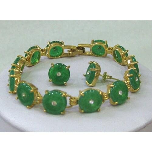 Fashion 14KGP AAA Natural Green Jade bracelet earrings set