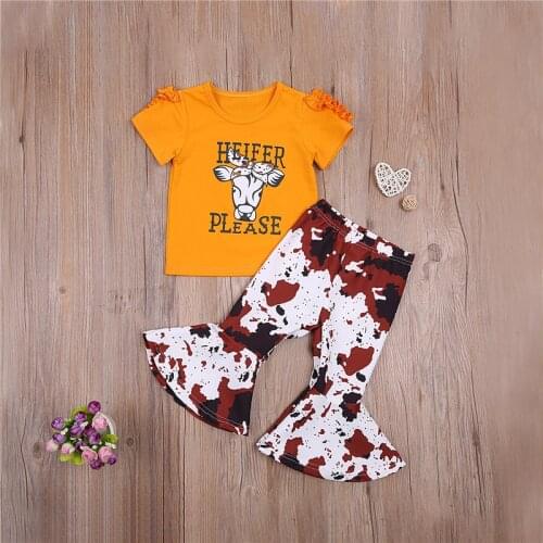 Toddler Girls Clothes Sets Kids Cartoon Cow Head Letter Print Short Sleeve T-shirts Tie Dye Flared Pant Summer Outfits