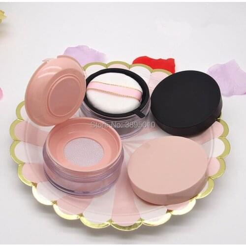 Empty Pink black Loose Powder Case with puff ,DIY Plastic Portable Cosmetic Powder Jar F1008