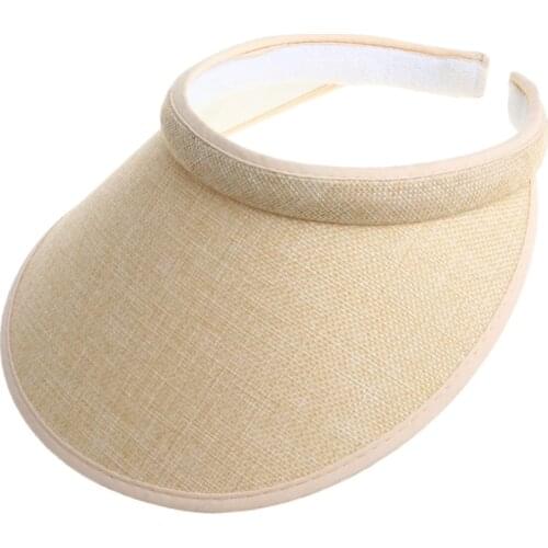 900C Women Ladies Summer Weave Straw Empty Top Beach Clip-On Solid Color Large Wide Brim UV Protection Breathable Sun Visor