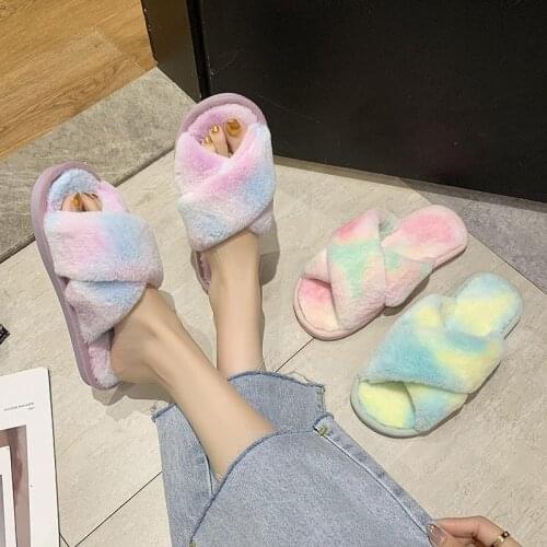 New Fashion Cross Band Hairy Slippers Female Autumn And Winter Colorful Plush Flip-flops Home Indoor Floor Cotton Slippers