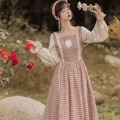 Vintage Chinese Style Plaid Dress Mori Girl Square Collar Petal Sleeve Prairie Chic Women Retro Vestidos Faldas Autumn Spring