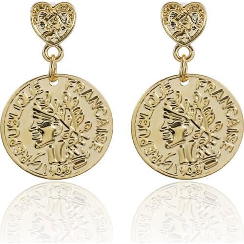 Vintage Medusa Trendy Zinc Alloy Coin Portrait Pendant Drop Dangle Earrings Charms Gold Ethnic Women Earrings 2019