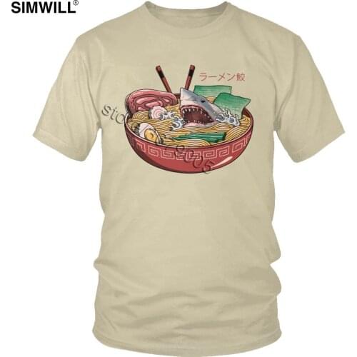 Funny Shark In Ramen Tees Men Trendy Short Sleeve Cotton T-shirt Crew Neck Japanese Food T shirt Graphic Print Leisure Tops