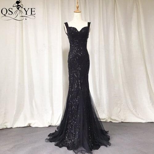 Woman Fashion Black Evening Dresses Long Mermaid Prom Gown Glitter Sweetheart Elegant Sequin Patten Lace Formal Party Dresses