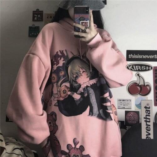 Autumn Women Female Sweatshirts Hip Hop White Pink Japan Fashion Cartoon Printed High Street Harajuku Hoodie Fashion Tops