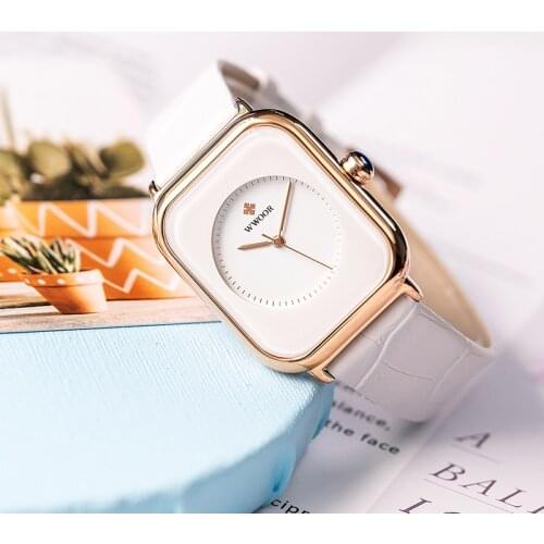 WWOOR 2021 New Top Fashion Brand Women White Leather Watch Square Simple Ladies Quartz Dress Waterproof Wristwatches Reloj Mujer