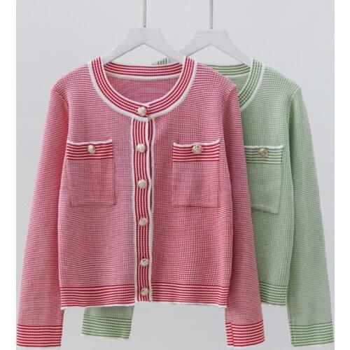 Spring Summer Short Sweater Cardigan Women Single Breasted Fashion Pink Green Striped Knitting Tops High Street Vintage Crop Top