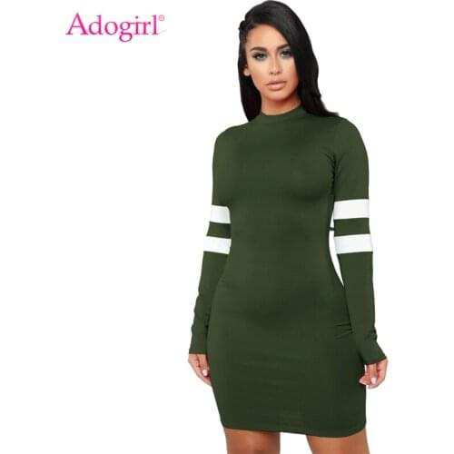 Adogirl Women Bodycon Dress O Neck Stripe Patchwork Long Sleeve Sheath Mini Club Party Dresses Casual Outfits Female Vestidos