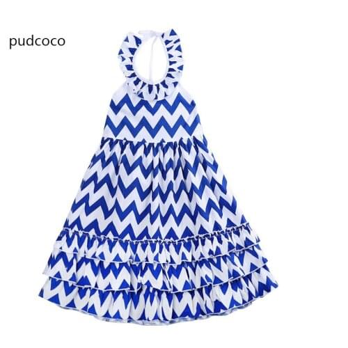 3-10Y Kids Girls Wave Stripe Boho Maxi Dresses Sundress Blue Halter Backless Sleeveless ruched Party Dress Clothes