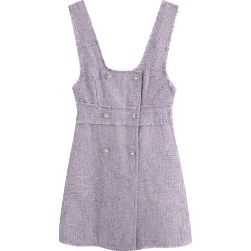 Women Sweet Fashion Double Breasted Tweed Mini Dress Vintage Frayed Trim Wide Straps Female Dresses Vestidos