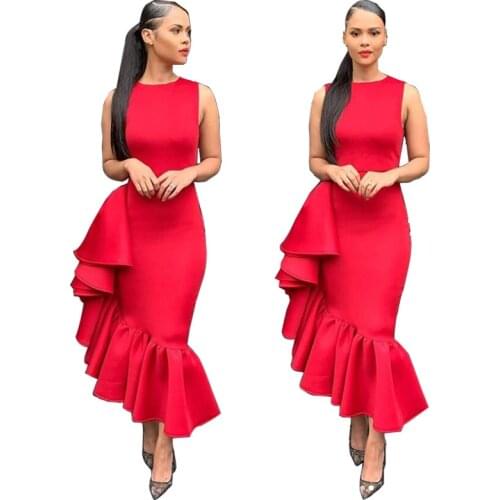 2021 Autumn Winter Solid Women Dress Scoop Neck Lady Sleeveless Skinny Asymmetric Ruffles Bodycon Ankle Length Dresses For Party