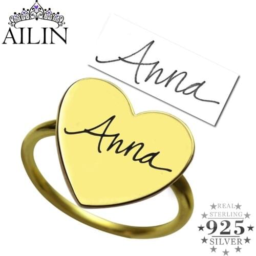 AILIN Heart Sterling Silver 925 Custom Rings For Women Men Gold Color Personalized Signature Engraved Name Rings Memory Jewelry