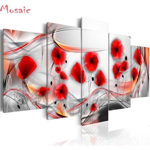 Full Square Drill 5D DIY Diamond Painting"5 Pieces red poppy abstract Flower" Embroidery Cross Stitch Mosaic Home Decor Gift