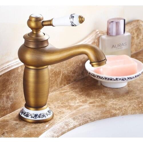 Antique brass bathroom sink faucet with drainer complete set High qualiy basin faucet cold hot water tap