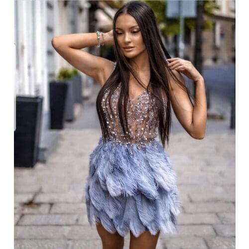 High Quality Pink Blue Feathers Rayon Bandage Dress Elegant Night Club Party Dress Vestidos