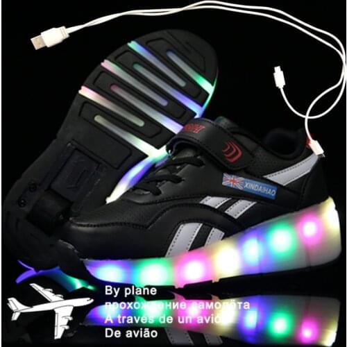 28-40 Pink Black USB Charging Fashion Girls Boys LED Light Roller Skate Shoes For Children Kids Sneakers With Wheels One wheels