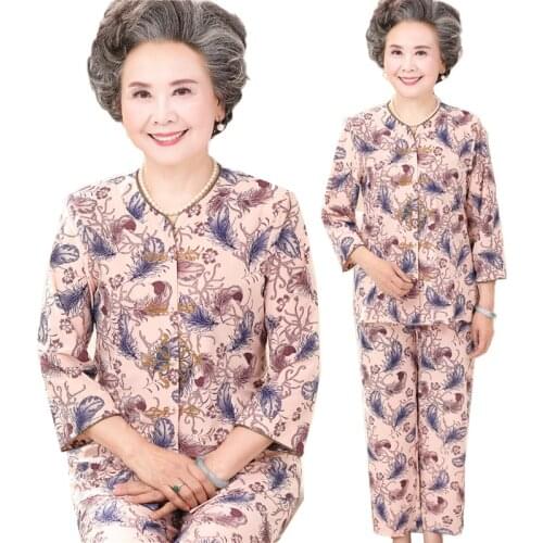 Middle-aged and Elderly Womens Sets Spring Summer New Printing T-shirt & Pants 2 Pcs Sets Suit Home Service Granny Clothing 5X