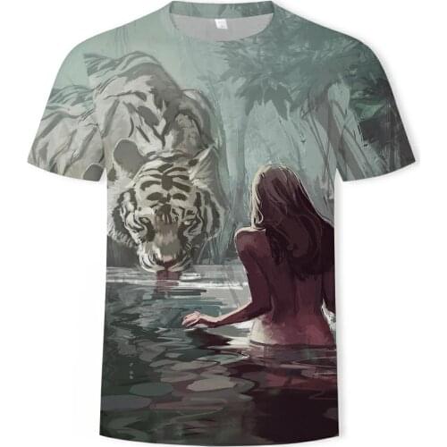 Beauty And Tiger Male Animal T-shirt Forest 3d Printing Hip Hop Slim Cool Round Neck Mens Wear New Summer Plus Size