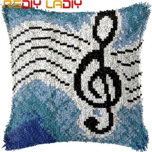 Latch Hook Cushion Music Pattern Pillow Case Pre-Printed Color Canvas Acrylic Yarn Latched Hook Pillow Crochet Cushion Cover Kit