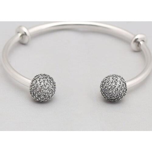 S925 Open Bangle Bracelet for Women Pave Clasp Clear CZ fit Lady Bead Charm Pendant