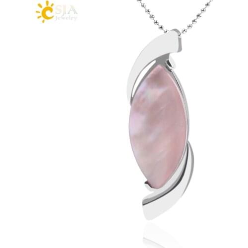CSJA Natural Mother of Pearl Shell Pendant Necklace Pink Bead Oval Shape 5 mm Thick Seashells Charm Jewelry for Women Girls F037