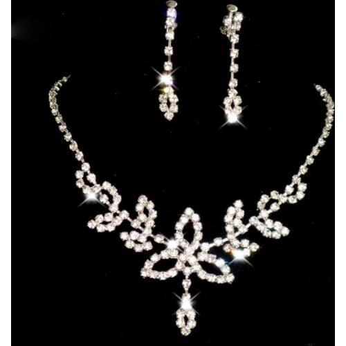 Luxury Female White Crystal Jewelry Set Charm Silver Color Leaf Dangle Earring For Women Dainty Zircon Wedding Chain Necklace