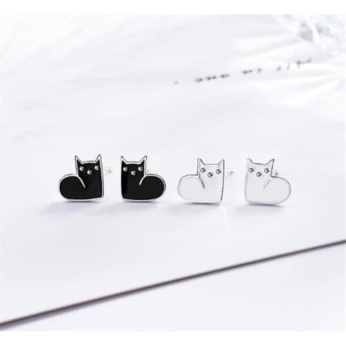 925 Sterling Silver Jewelry Fashion Cute Exquisite Sweet Temperament Two Colors Epoxy Black And White Cat Stud Earrings SE633
