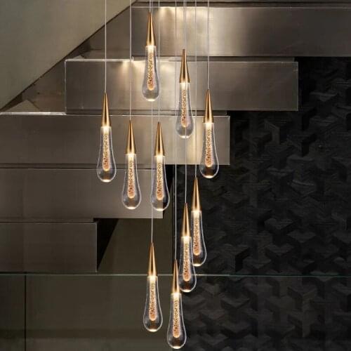 Modern Gold Crystal Pendant Lights Staircase Chandelier Living Room Hall Interior Decor Nordic Villa Lamp Lighting Hanging Lamps