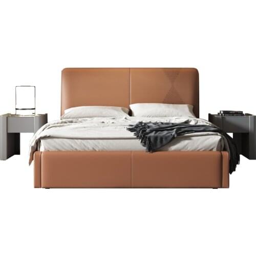Light luxury orange leather solid wood bed modern simple master bedroom top layer cowhide double bed furniture