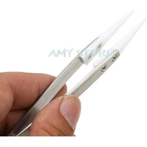 Fine Pointed Tips Stainless Steel Tweezer Ceramic Tipped 130x10mm Heat Resistant 1400 Degrees Celsius