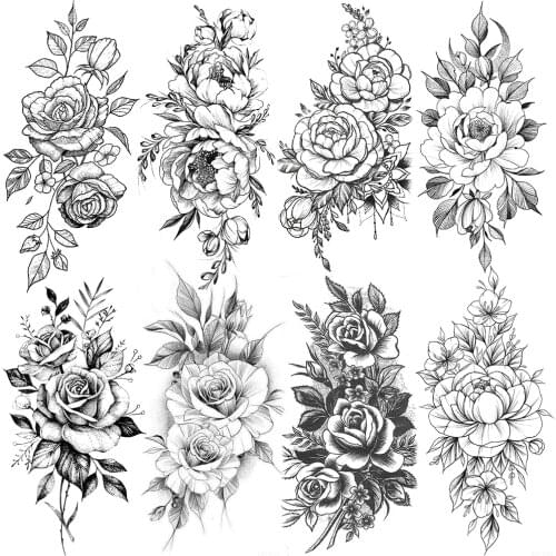 3D Peony Flower Temporary Tattoos For Women Fashion Sexy Daisy Lily Tattoo Sticker Beauty Large Waist Realistic Fake Tatoo Sheet
