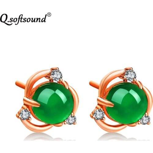 New Chrysoprase Flower Shape Stud Earrings For Women Rose Gold Color Zircon Vintage Jewelry Accesorios Mujer Orecchini QE0785
