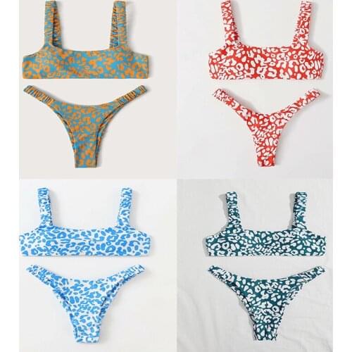 Womens Contrast Trim Bikini Set Ribbed Swimsuit Sexy Printing Scoop Neck Bikinis Top 2 Piece Bathing Suit Without Padding 2021