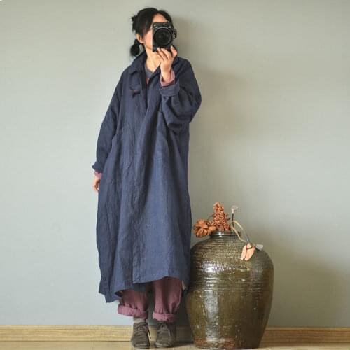 Women Loose Linen Trench Coat Outerwear Ladies Vintage Double Layer Open Stitch Long COat Female 2020 Autumn Spring Coat Topcoat