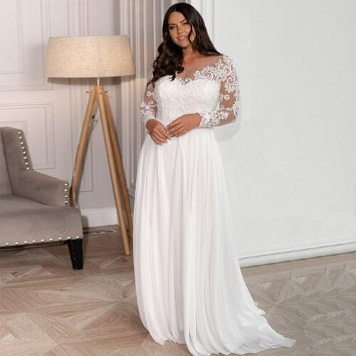 Plus Size A-line Wedding Gowns 2021 Elegant Scoop Neck Appliques Sweep Train Long Sleeve Chiffon Bridal Dress