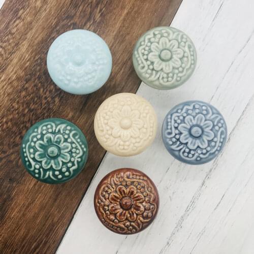 1pcs 44mm Round Flower Ceramic Knobs Cupboard Pulls Drawer Knobs Kitchen Cabinet Handles Euro-Style Furniture Handle Hardware