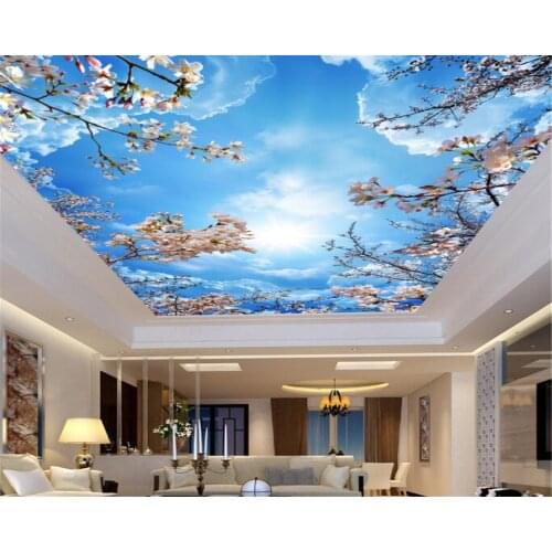 Beibehang Custom 3D Blue sky white clouds cherry ceiling roof Murals Wallpaper Living Room 3d wallpaper Home decoration