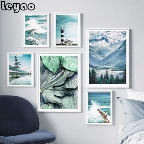 Diy diamond painting Light blue landscape 5d full square round drill Art Wall diamond embroidery Sea Leaf Mountain Tree Decor