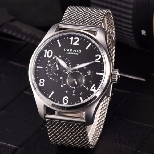 Newest 2017 Casual Watch Men 44mm Parnis Mens Automatic Watches Fulll Stainless Steel Mesh Strap Luminous 50m Wristwatch for Men