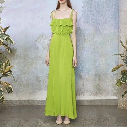 Vacation Bohemian Spaghetti Strap Long Beach Dress 2021 Summer Elegant Ruffles Green Chiffon Maxi Dresses for Women Vestido