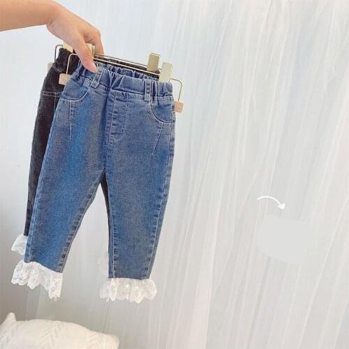 2020 Autumn Toddler Girls Jeans Fashion Korean Solid Elastic Waist Lace Patchwork Denim Pants For Girl 2-6 Y Kids Casual Trouser