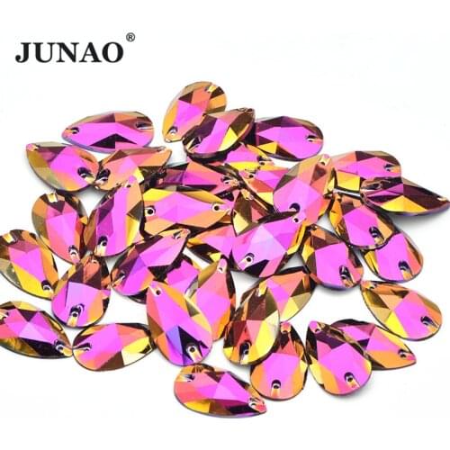 JUNAO 17x28mm Gold Rose AB Teardrop Crystal Sew On Rhinestones Applique Flat back Stones Sewing Buttons For Needlework Clothes