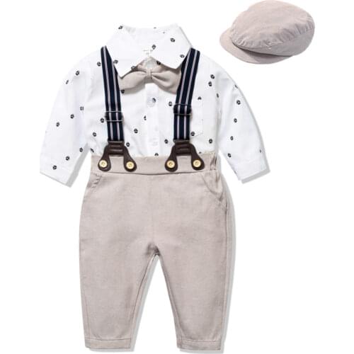 Baby Boy Clothes Newborn Romper Casual Cap + White Romper + Pants + Belt Cotton 3-24 Months Gentleman Printed Summer Suit