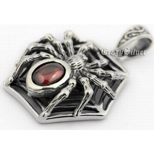 925 Sterling Silver Huge Red CZ Spider On Net Mens Biker Rocker Punk Pendant 9R023