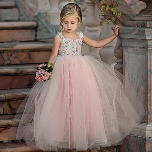 Fashion Toddler Infant Kids Girls Clothes Flower Printed Sleeveless Ruffles Princess Birthday Party Mesh Tulle Dress Costume#P4