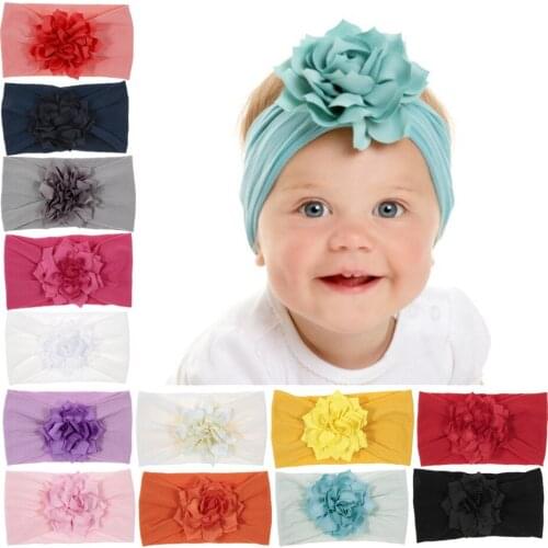 Nishine Baby Girl Elastic Lotus Flower Headband Children Hair Rubber Turban Stretchy Nylon Flower Wide Hair Band
