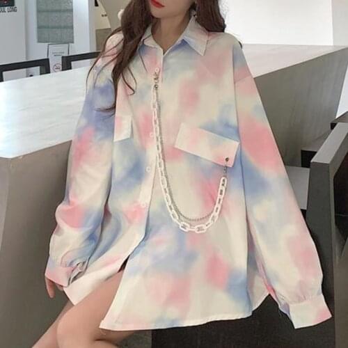 Autumn Blouses Casual Shirts For Women Ins Tie Dyed Loose Streetwear Chain Vintage Korean Style Polo Shirt Long Sleeve Top