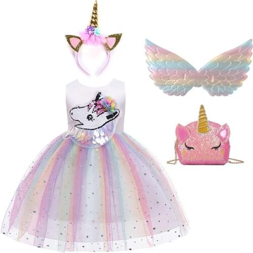 Girls Unicorn Tutu Dress Birthday Gift Dress Halloween Carnival Costume Princess Girls Unicorn With Headband Wings